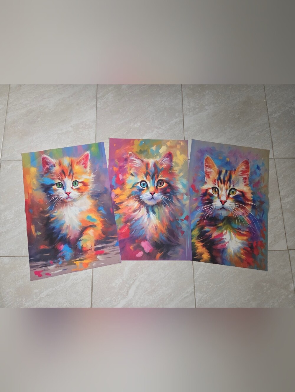 Set of 3 Colorful Cat Canvas Art Prints Abstract Kitten Wall Decor Unframed, EUC